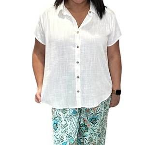 NEW WISHLIST shirred short sleeve button down linen top in off white
